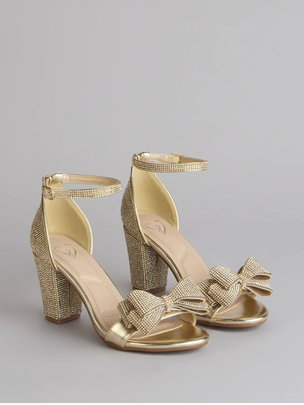 Gold Ankle-Strap Block Heel Sandals with Bow-Worn Once